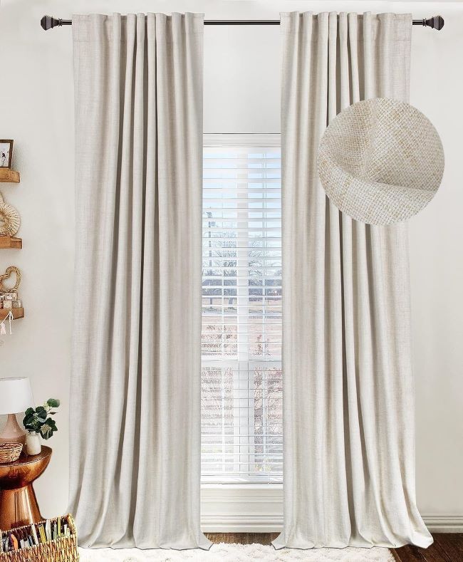 Cream 100% blackout linen textured curtains with thermal insulation, back tab and rod pocket, 84-inch length, 2-panel set