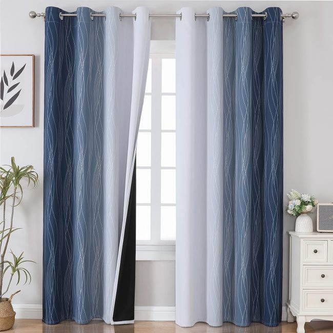 Navy blue and grey ombre blackout curtains with thermal insulation and grommet top, 84-inch length, 2-panel set