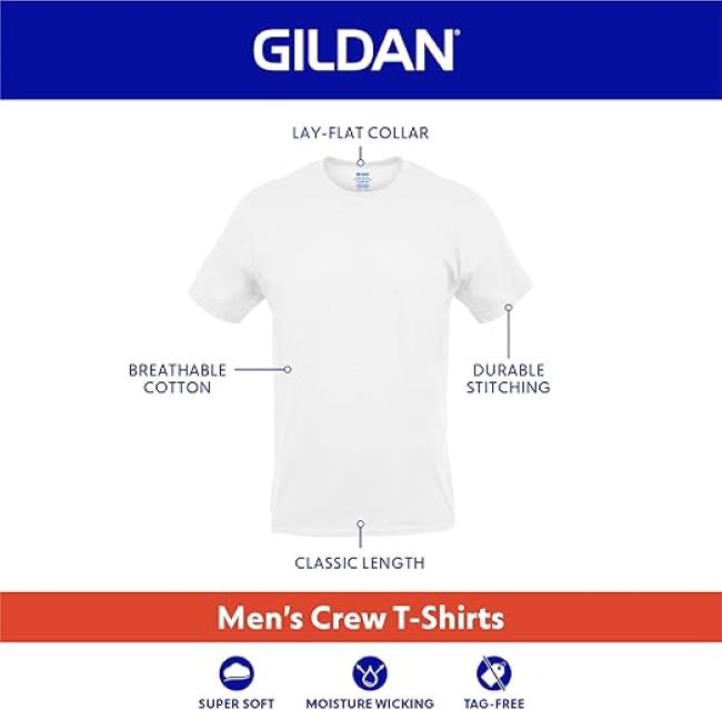 Gildan crew neck T-shirts featuring moisture-wicking comfort for work, casual outfits, and layering