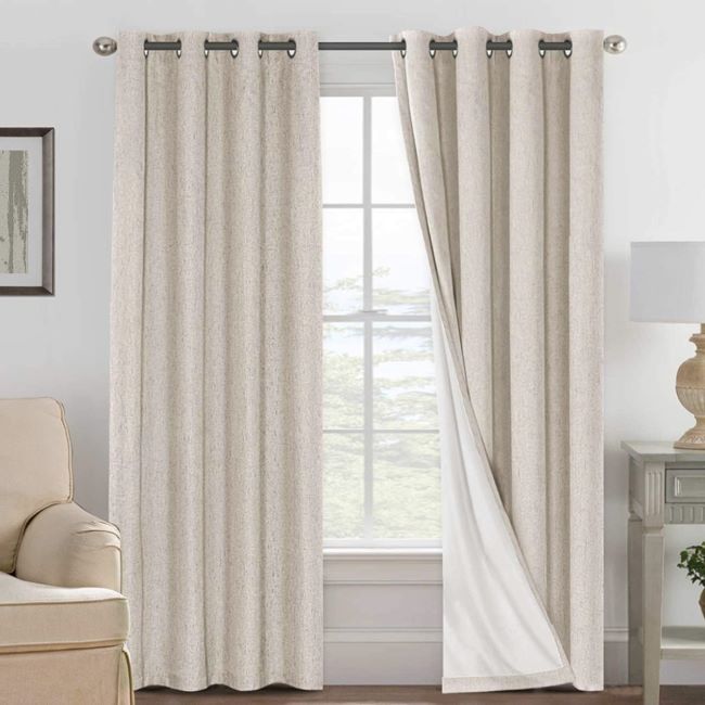H.VERSAILTEX natural linen 100% blackout curtains with white liner and grommet top for living room windows