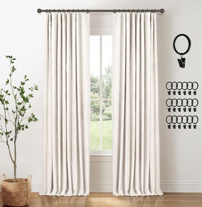 INOVADAY beige linen blackout curtains with clip rings and thermal insulated room-darkening fabric, 84-inch length