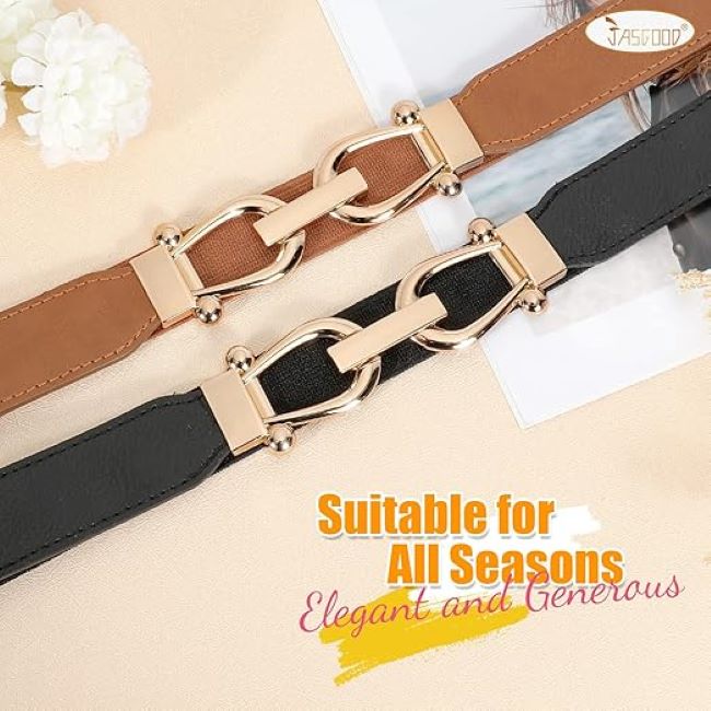 Elegant JASGOOD women's leather belt with gold buckle for dresses, jeans, and trousers