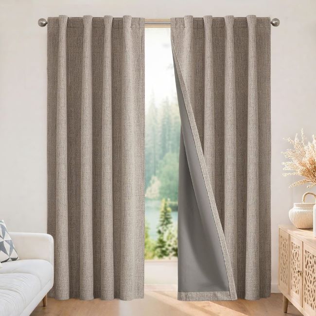Joydeco natural linen blackout curtains with thermal insulation, rod pocket and back tabs, 96-inch length, 2-panel set