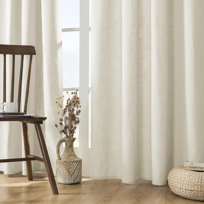 Joydeco ivory linen light-filtering curtains with rod pocket and back tab, 96-inch length, 2-panel set