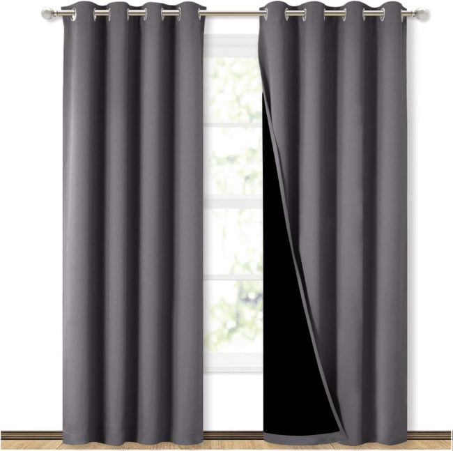 NICETOWN grey blackout curtain panels with thermal insulation and noise-reducing fabric
