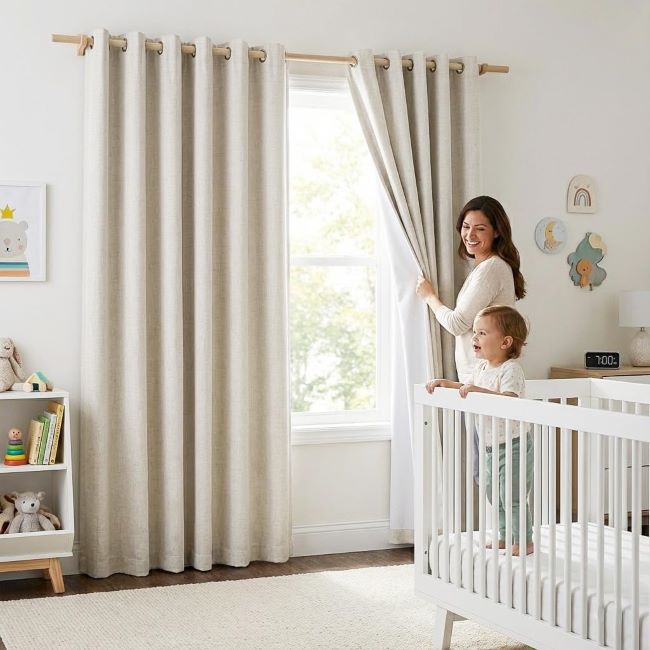 NICETOWN natural linen blackout curtains with farmhouse design and thermal insulation, 84-inch panels
