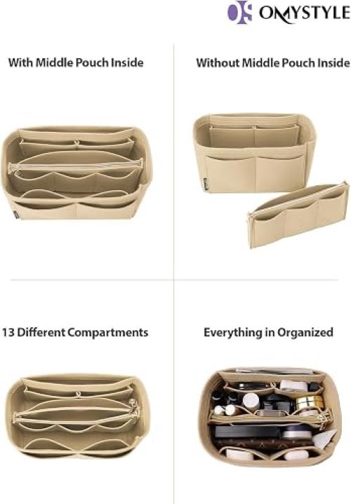 Felt purse organizer insert for easy storage of wallets, keys, cosmetics, and daily essentials