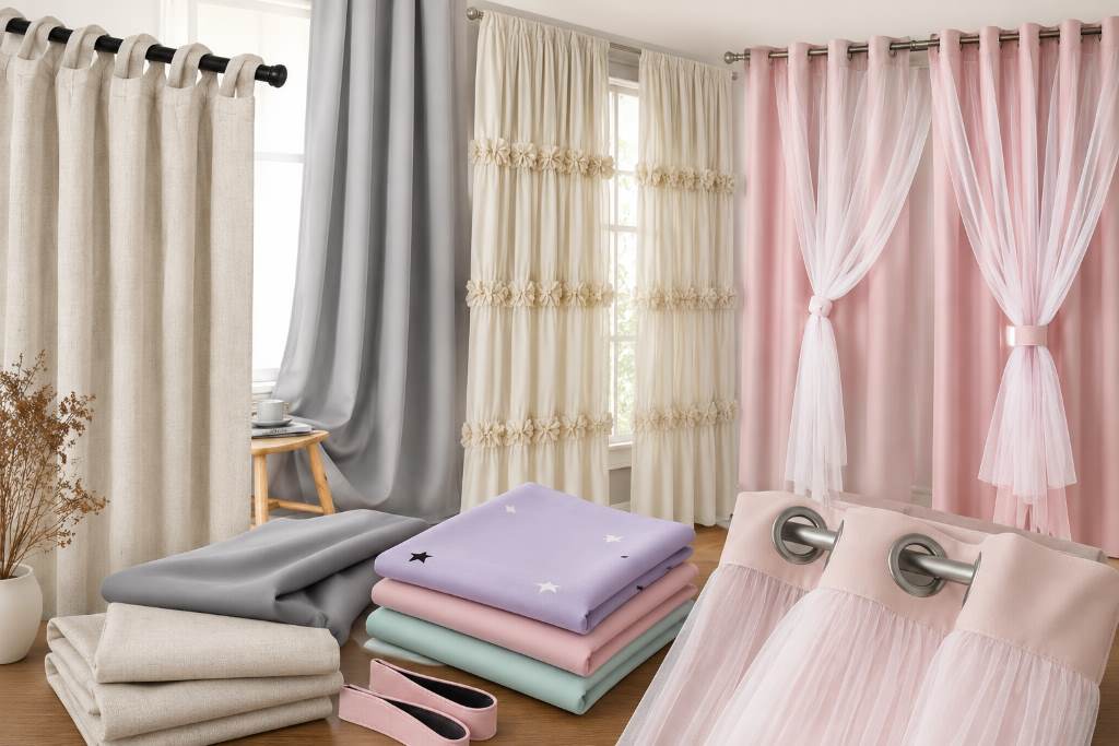 Stylish curtains for girls bedroom in New York apartment interior