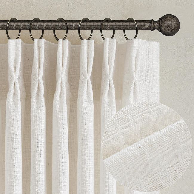 TWODRAPES cream pinch pleated semi-sheer linen curtains with textured fabric and decorative hooks, 84-inch panels