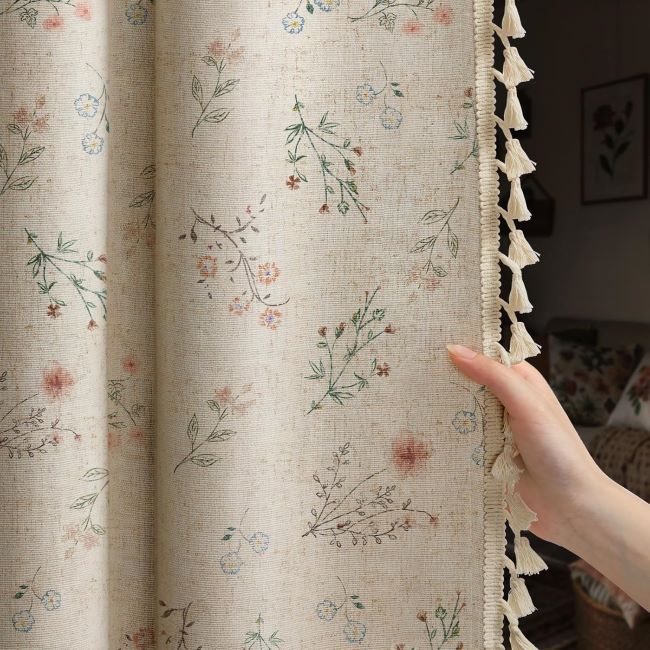 XOGUIBO beige boho floral blackout curtains with linen texture and decorative tassels