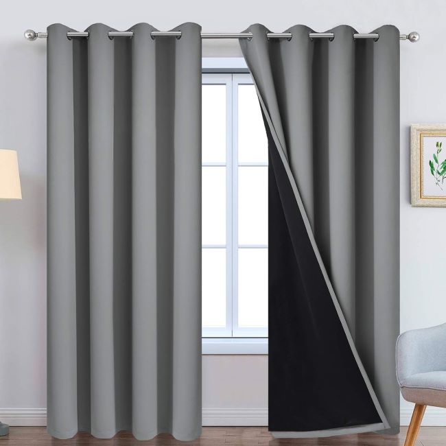 Yakamok grey 100% blackout curtains with thermal insulated double-layer fabric, 84-inch length, 2-panel set