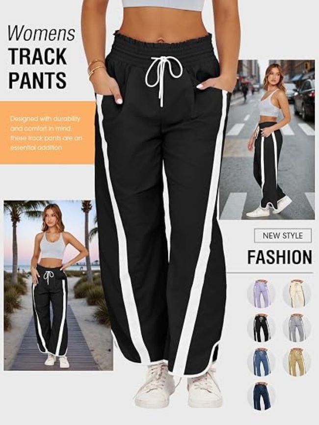 Fisoew women's contrast-color baggy pants with wide legs for comfortable movement and lounging