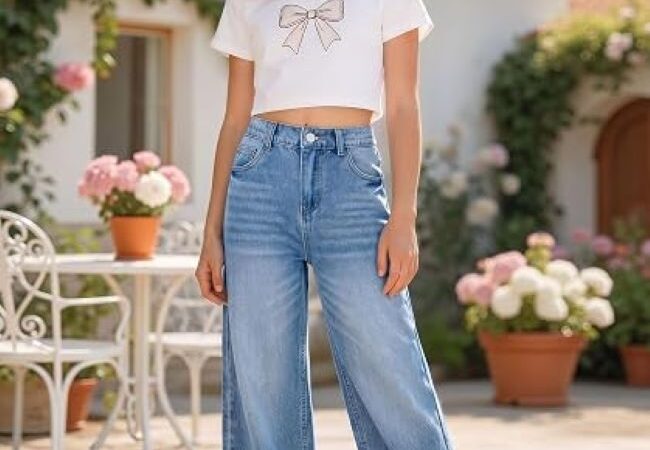 Fulihug Girls' Baggy Jeans with relaxed wide-leg fit for everyday wear