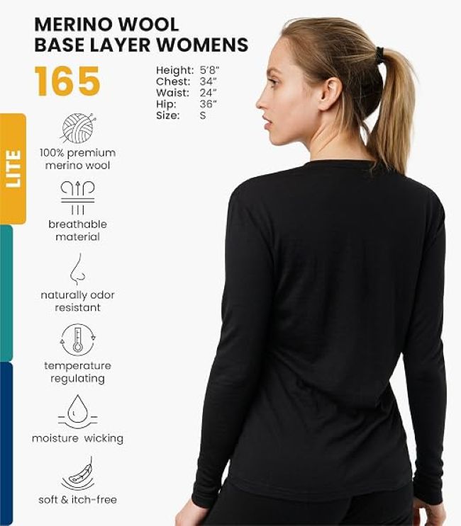 Merino wool women's thermal base layer providing breathable comfort for hiking and travel