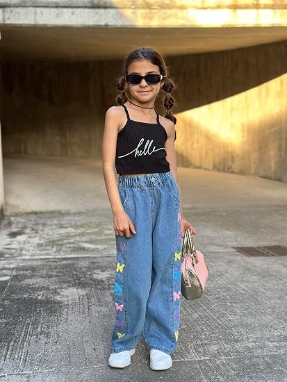 Rolanko girls' wide-leg denim jeans styled for casual school and weekend outfits