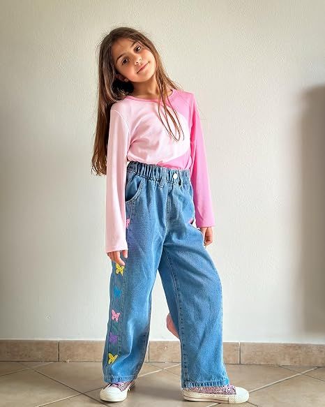 Rolanko Girls' baggy jeans with loose silhouette for comfortable movement and trendy styling