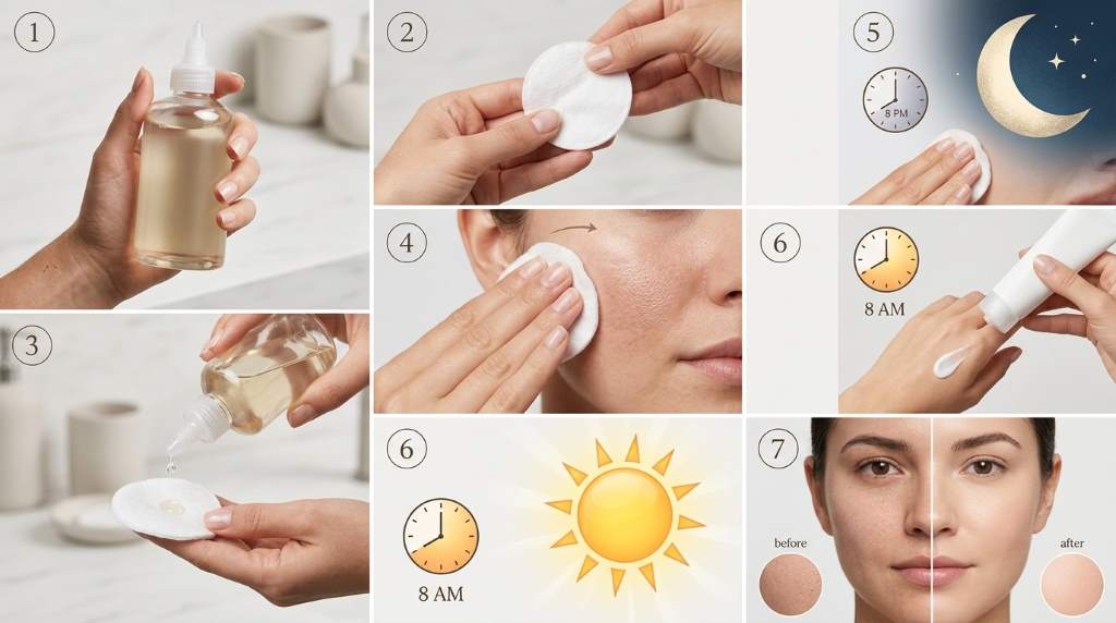 Applying exfoliating toner with cotton pad for clear skin