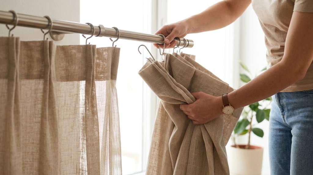 Freshly cleaned curtains hanging beside bright living room window
