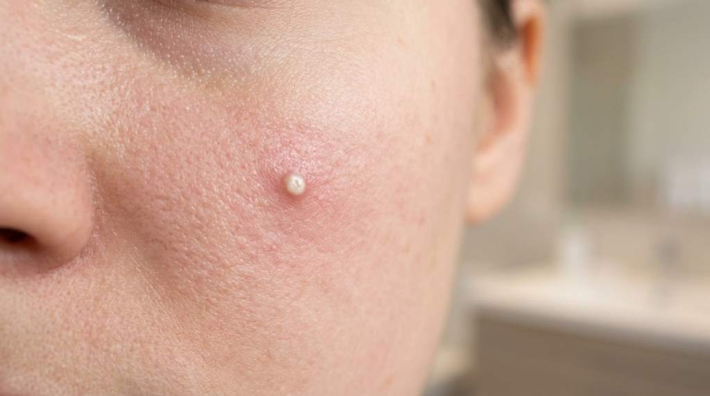 Hydrocolloid acne patch covering a surface-level blemish