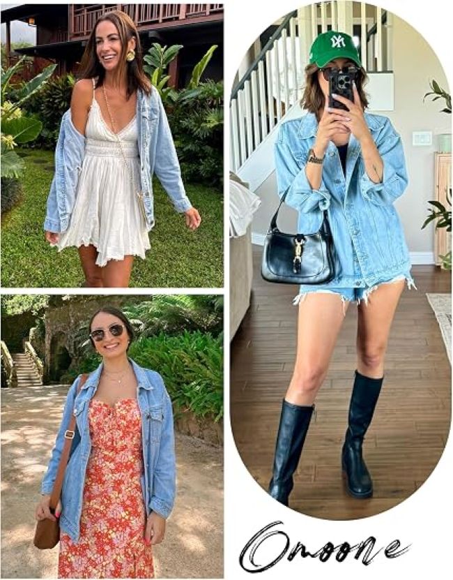 Omoone mid-long oversized denim jacket with pockets