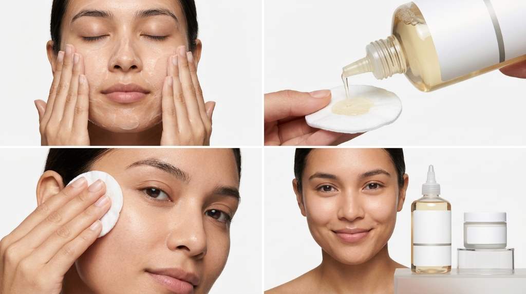 Woman applying glycolic acid toner to clean facial skin