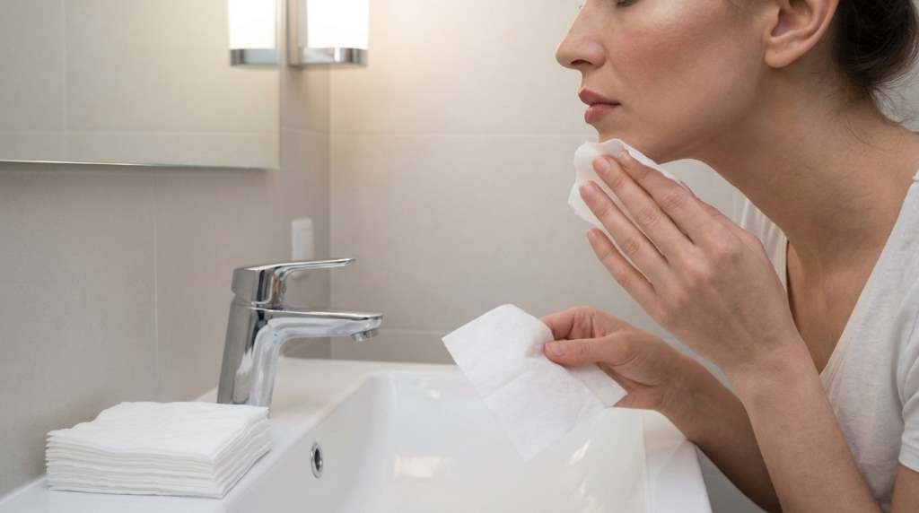 Woman gently using Neutrogena makeup remover wipe on her face