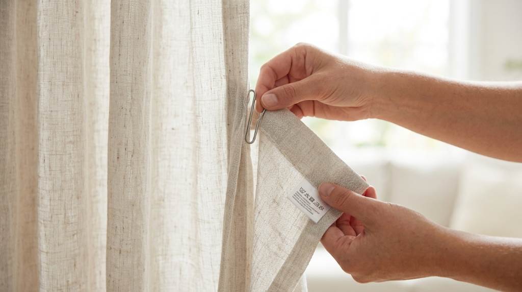 Woman vacuuming living room curtains with upholstery attachment