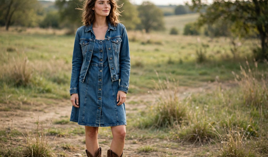 Denim Dress Styled With Brown Cowboy Boots and a Denim Jacket Denim dress styled with brown cowboy boots and a denim jacket