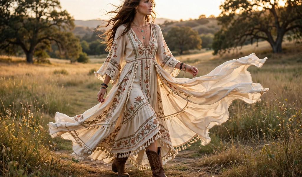 Flowing Boho Maxi Dress Paired With Classic Leather Cowboy Boots Flowing boho maxi dress paired with classic leather cowboy boots