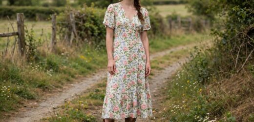 Woman wearing a floral midi dress with tan cowboy boots outdoors