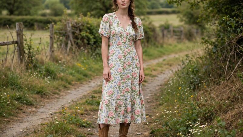 Woman wearing a floral midi dress with tan cowboy boots outdoors