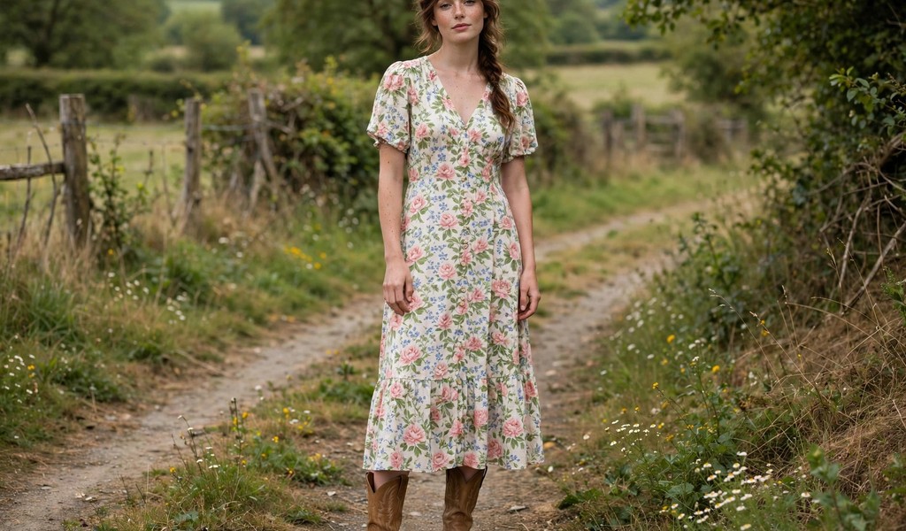 Woman wearing a floral midi dress with tan cowboy boots outdoors